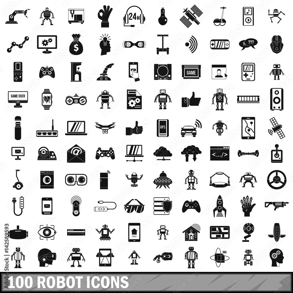 100 robot icons set, simple style 100 robot icons set, simple style