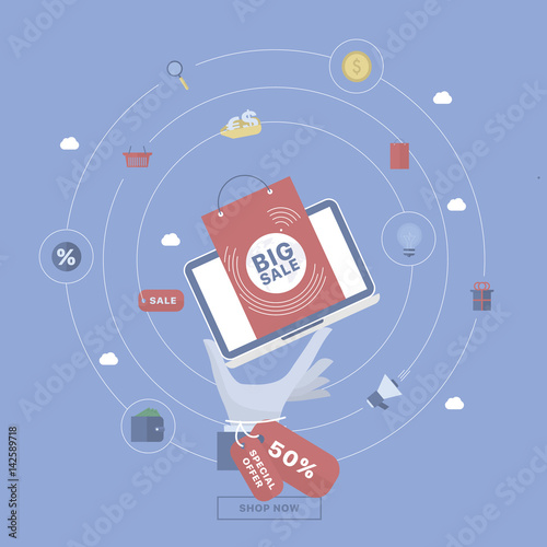 Sale background with hand holding device. 