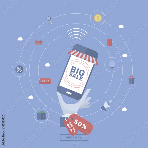Sale background with hand holding device. 