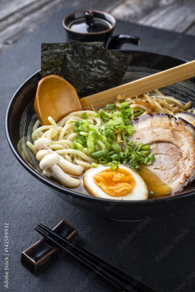 Traditional Ramen Yakibuta with Pork as close-up in a bowl