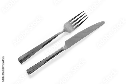 Fork and knife on a white background