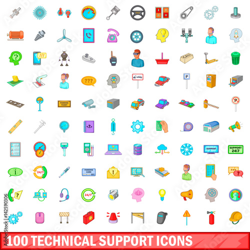 100 technical support icons set, cartoon style