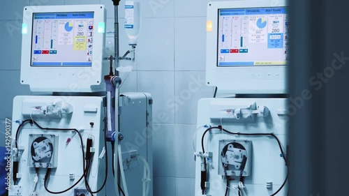 Dialysis machine, medical equipment in clinic. Treatment with blood purification machine for hemodialysis. Therapy. Hemofiltration. Slider shot