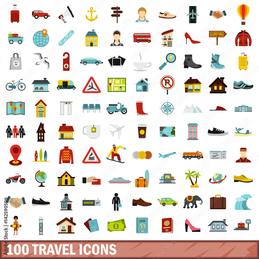 100 travel icons set, flat style
