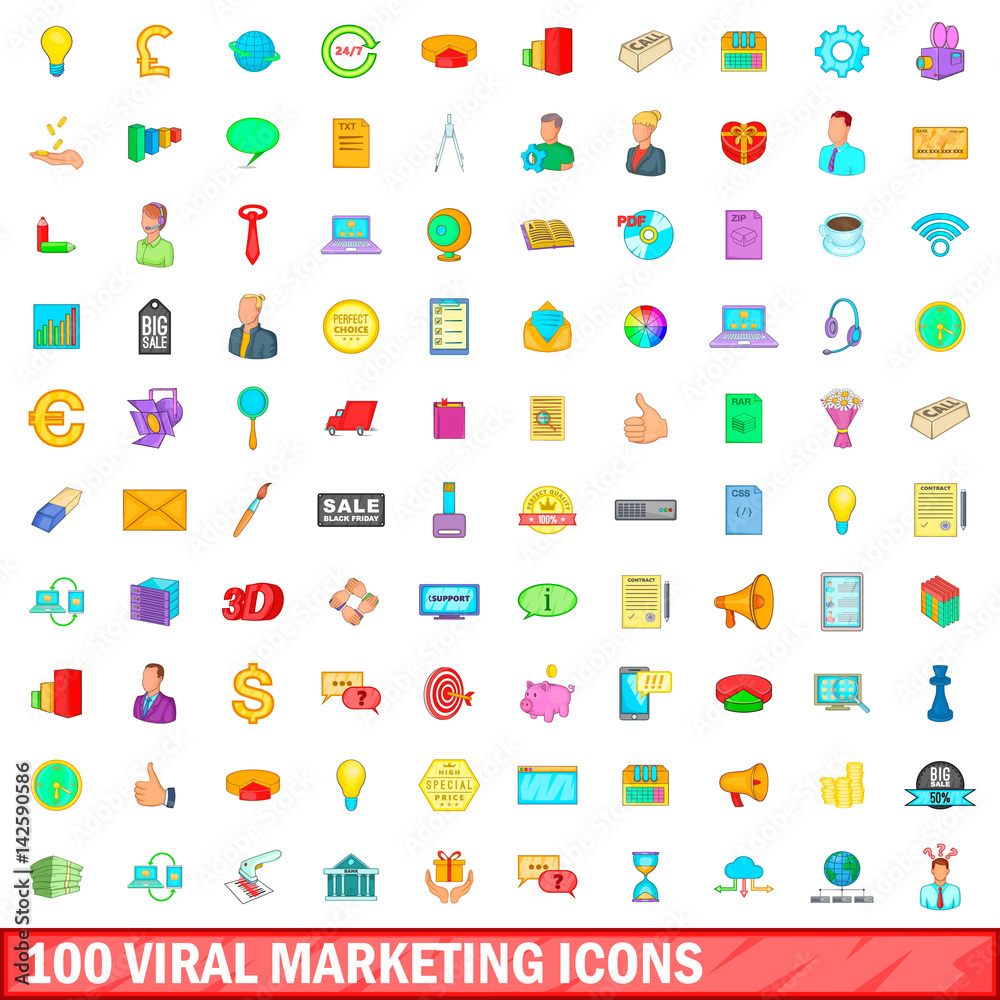 100 viral marketing icons set, cartoon style 100 viral marketing icons set, cartoon style