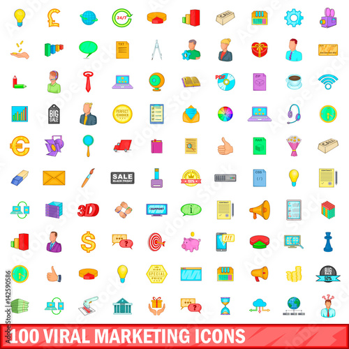 100 viral marketing icons set, cartoon style