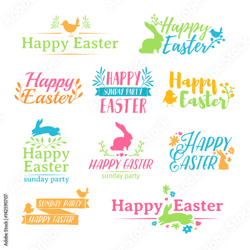 A set of colored logo for Easter. Badges for the spring holiday of Easter. The design of label with a decor of flower  plant and rabbit. Vector.