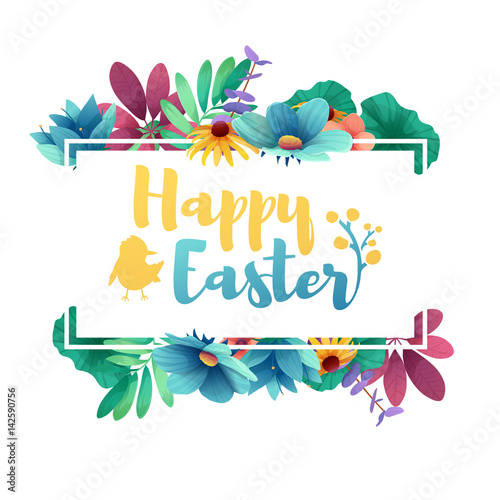 Banner design template with floral decoration for spring Easter. Frame with the decor of flowers, leaves, twigs. Invitation with logo for easter holiday with silhouette rabbit and a chicken. Vector.
