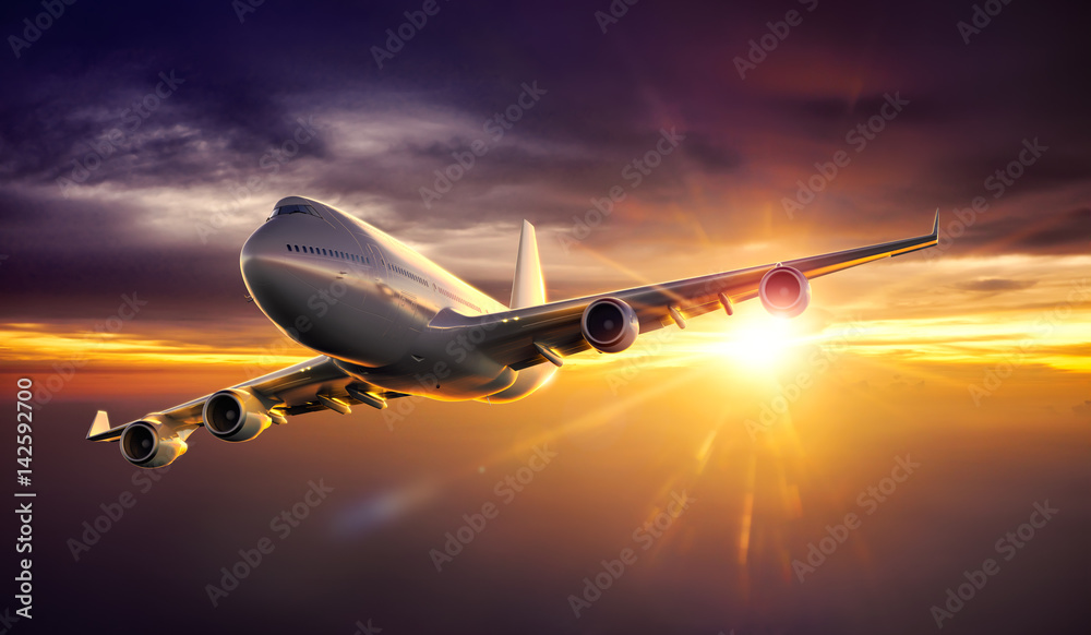 Naklejka premium Samolot latający podczas zachodu słońca