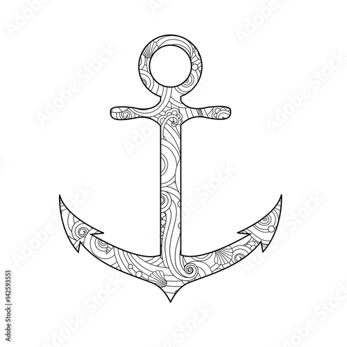 Coloring page with anchor isolated on white background in zentangle inspired doodle style. photo