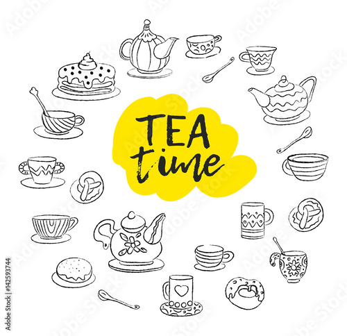 Tea time. Swirls, mugs, teapot, cakes, buns, cups of different designs. Doodle sketch style. Suitable for party invitation, cafe menu, postcard. Vector illustration isolated on white background