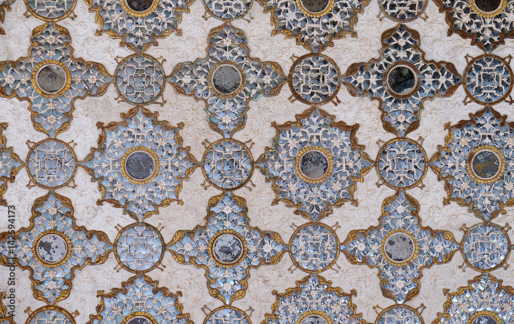 Detail of the mirrored ceiling in the Mirror Palace at Amber Fort in Jaipur, Rajasthan, India
