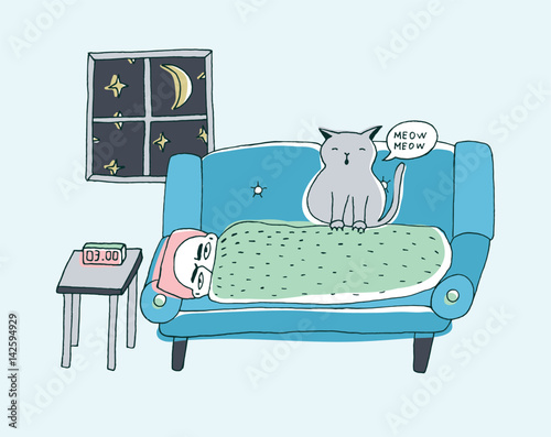 The cat wakes the owner, meowing at night