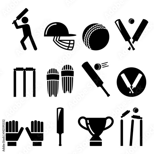Cricket bat, man playing cricket, cricket equipment - sport icons set