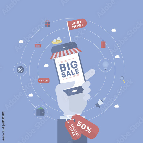 Sale background with hand holding device. 