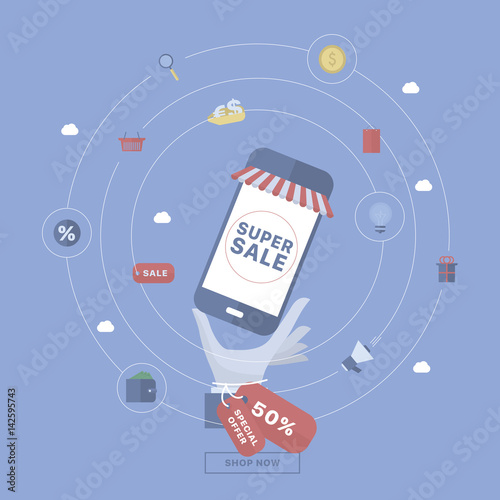 Sale background with hand holding device.