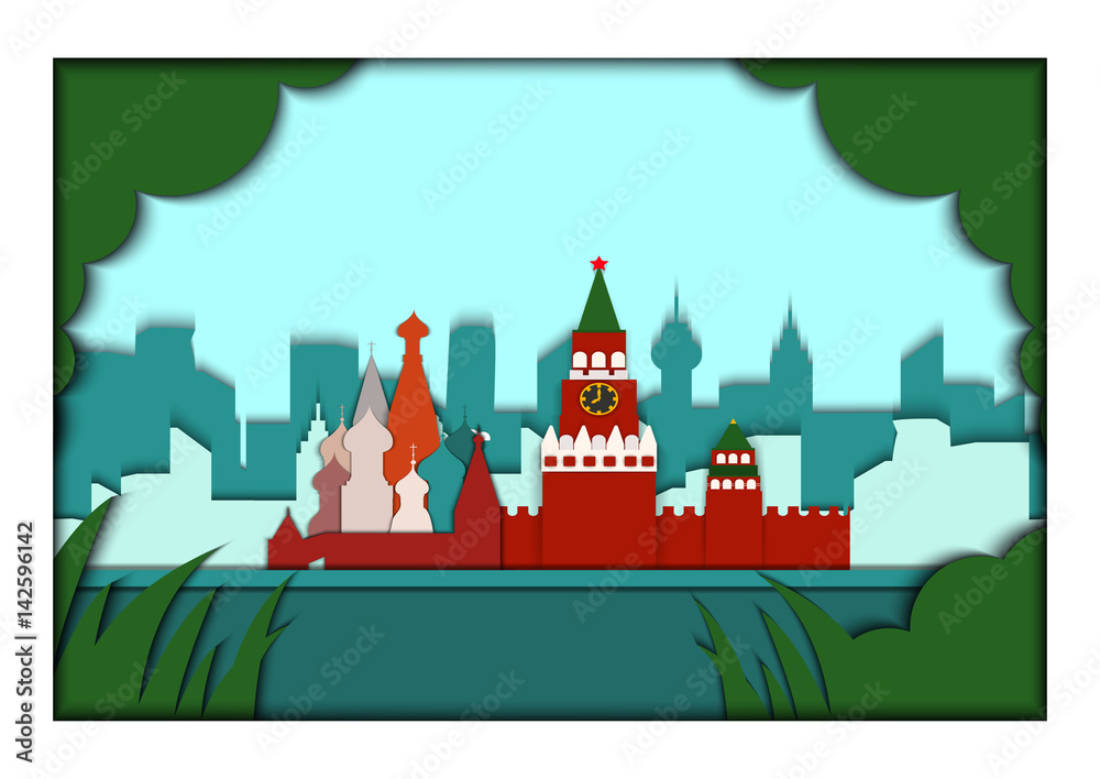 Paper applique style vector illustration. Card with application of Moscow ponorama with Kremlin, St. Basil's Cathedral. Postcard