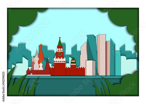 Paper applique style vector illustration. Card with application of Moscow ponorama with Kremlin, St. Basil's Cathedral and Moscow City Business center. Postcard