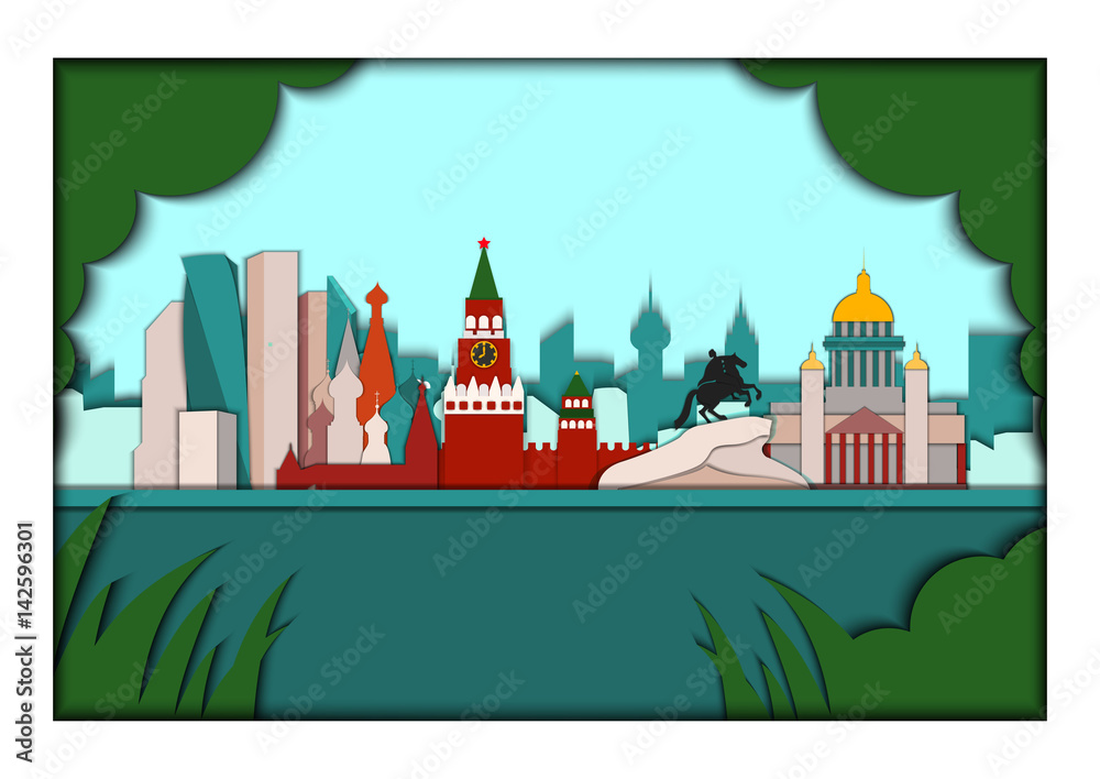 Paper applique style vector illustration. Card with application of Moscow and Sain Petersburg ponorama with Kremlin,Basil's Cathedral,Moscow City Business center,Copper Horseman,Isaac's Cathedral.