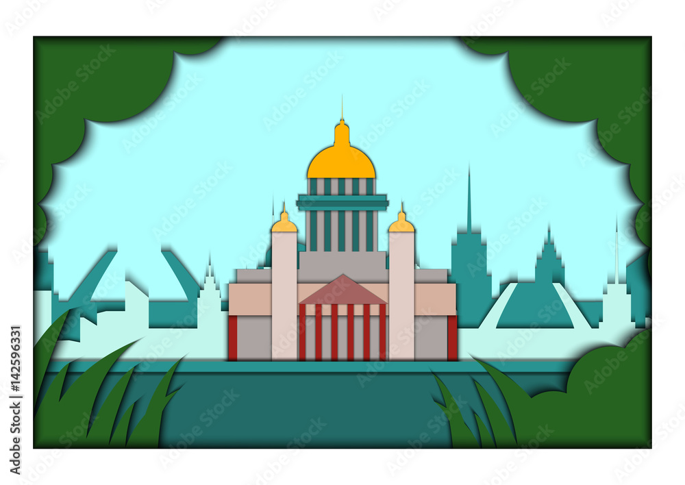 Paper applique style vector illustration. Card with application of Saint Petersburg ponorama with St. Isaac's Cathedral.Postcard