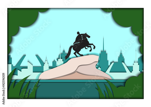 Paper applique style vector illustration. Card with application of Saint Petersburg ponorama with monument to Peter the Great The copper rider.Postcard
