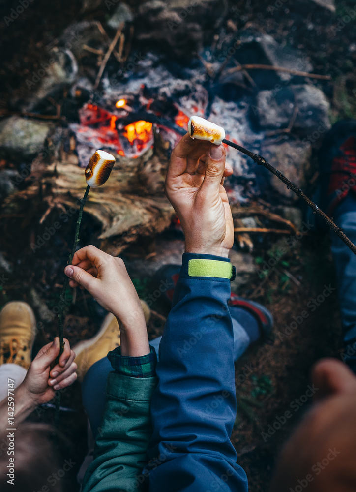Father and son takes in hands roasted on campfire marshmallow candies close up image Father and son takes in hands roasted on campfire marshmallow candies close up image