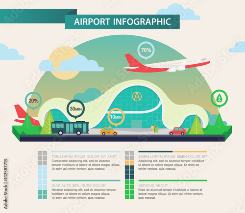 Airplane above airport as transport infographic