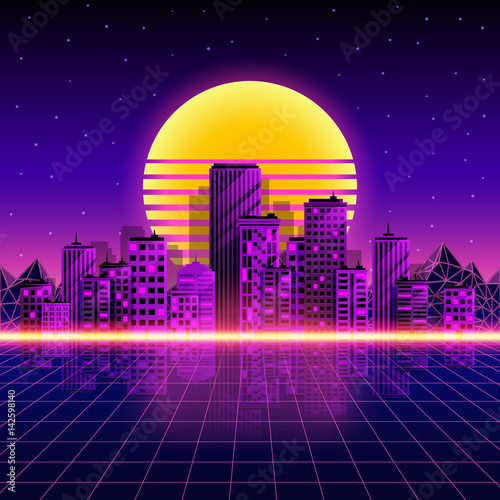 Retro neon city background. Neon style 80s. Vector illustration
