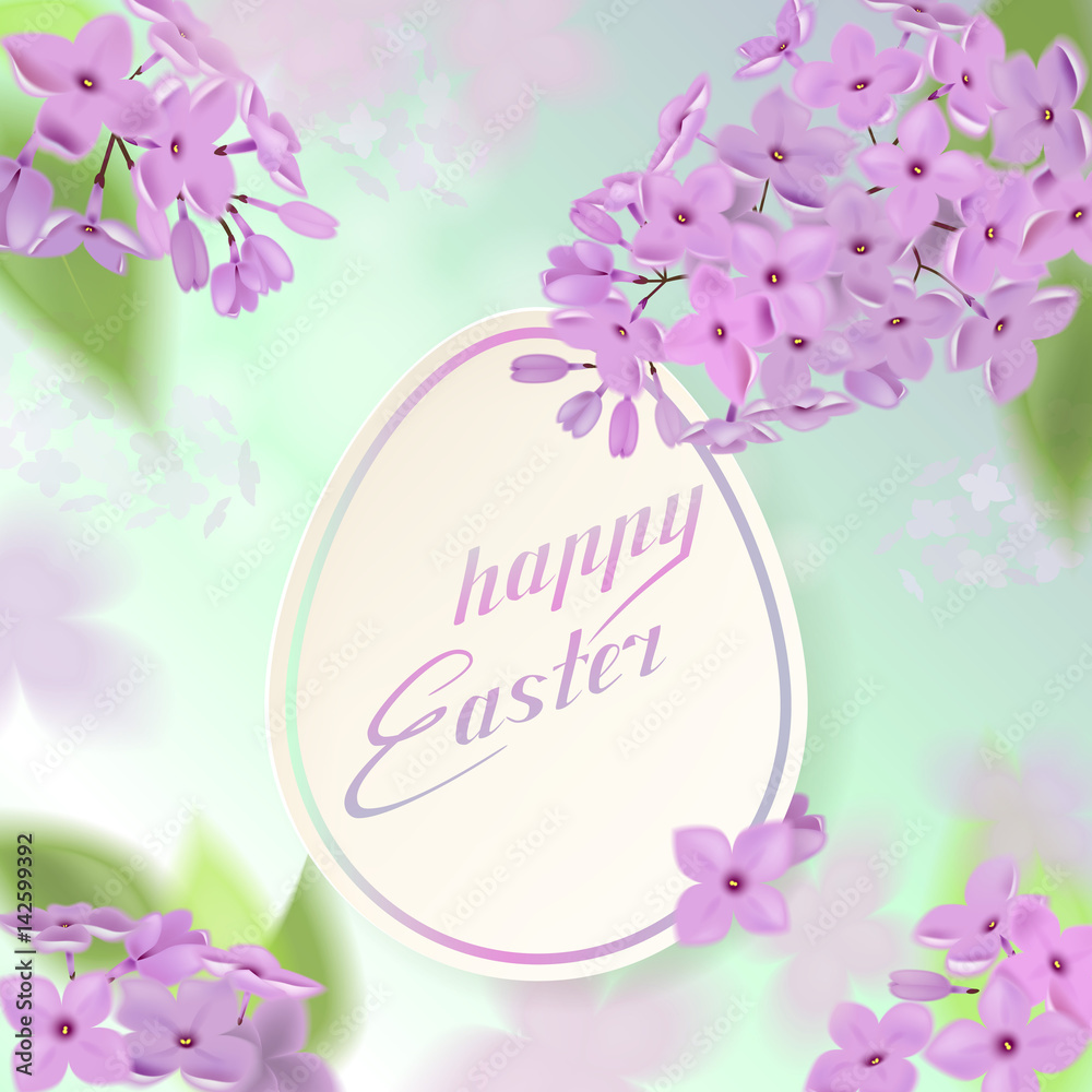 Happy Easter card with eggs, rabbit, spring flowers, green grass and blue sky. Vector illustration Happy Easter card with eggs, rabbit, spring flowers, green grass and blue sky. Vector illustration