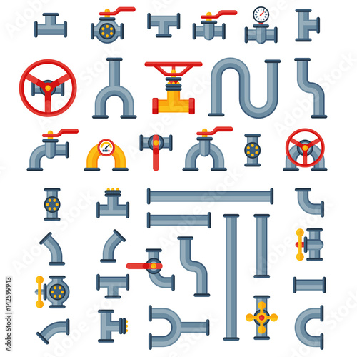 Details pipes different types collection of water tube industry gas valve construction and oil industrial pressure technology plumbing vector illustration.