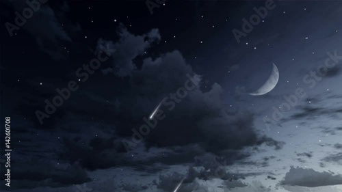 Fantastic starry night sky with half moon and falling stars meteors in cinemagraph style. Loop able 3D animation rendered in 4K photo