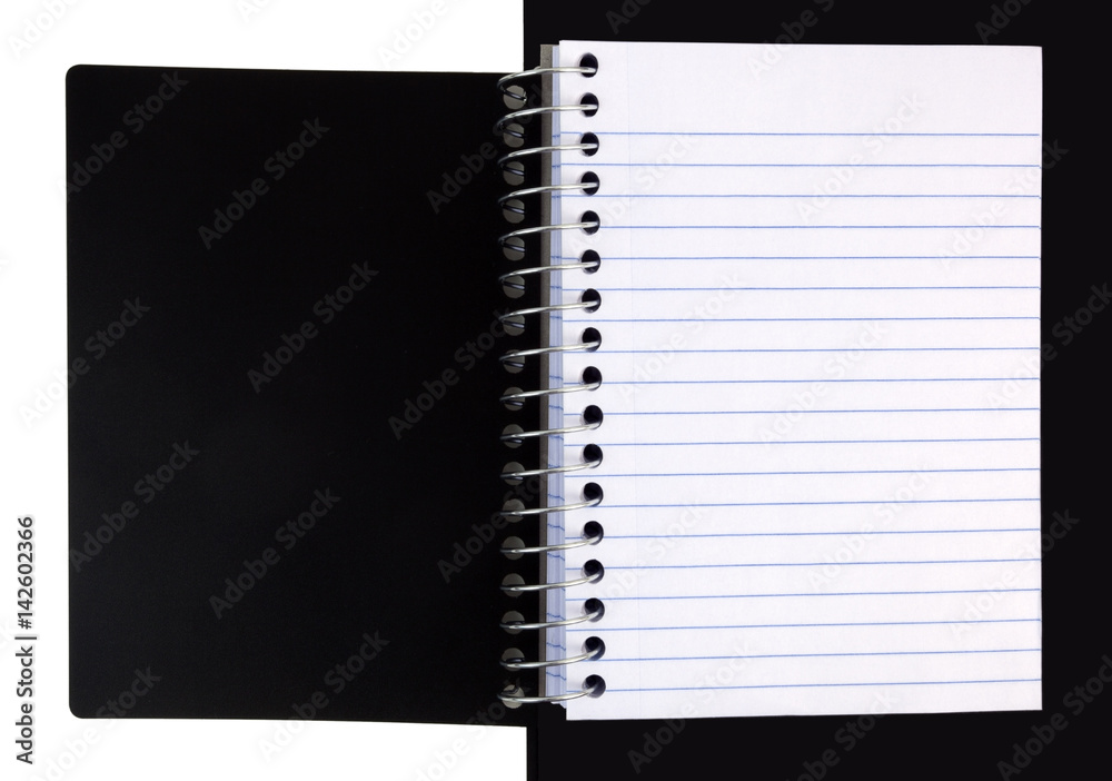 Open spiral lined notebook with black cover. Isolated. Open spiral lined notebook with black cover. Isolated.