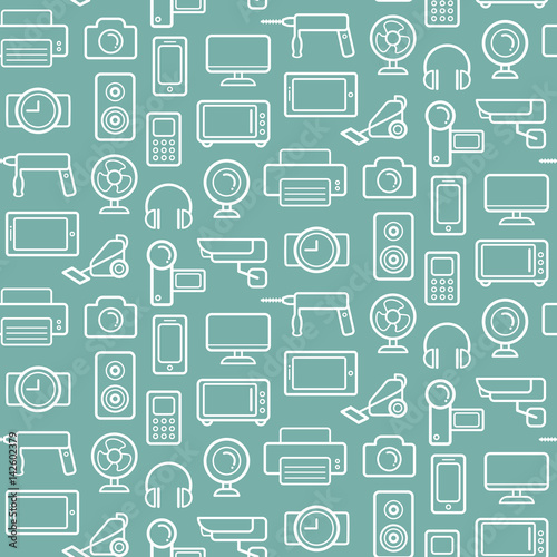 Vector seamless pattern of electrical engineering, household appliances and electronics icons in line style.