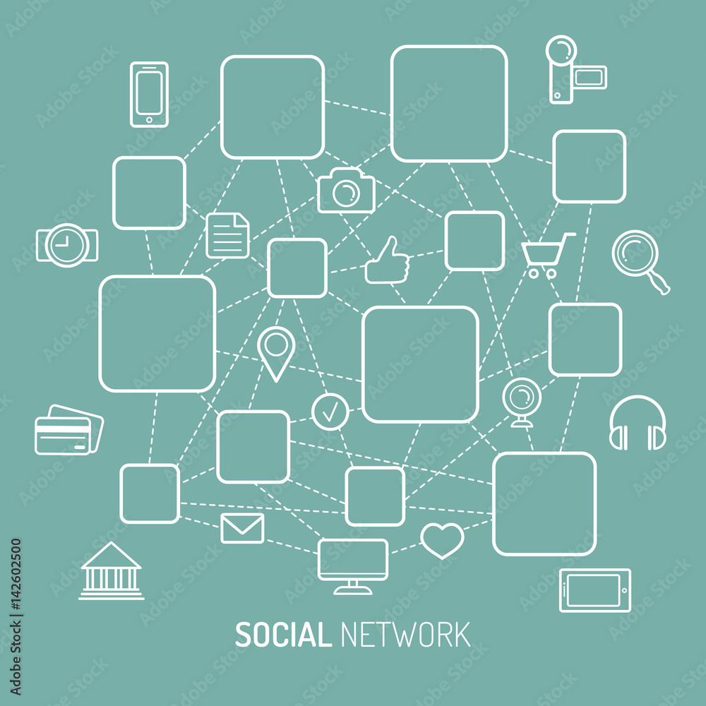 Vector illustration of social network, internet connection, social media icons and places for men icons in flat style.