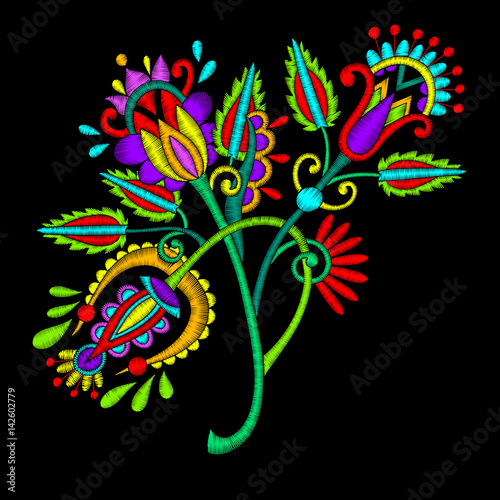 ethnic embroidery flower design on black background