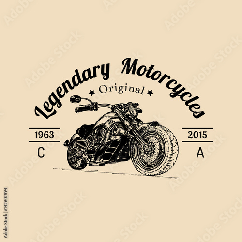 Vector vintage legendary motorcycles logo. Biker store icon, MC sign. Vintage illustration of hand drawn classic chopper