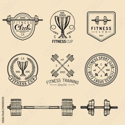 Vector fitness logos set. Hand sketched athletic signs. Gym emblems illustration. Sporting club icons for badges etc.