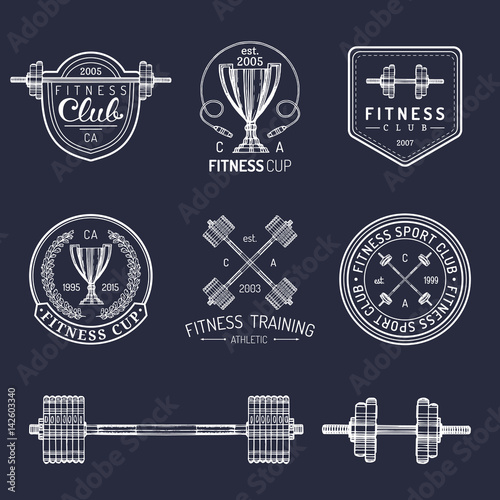 Vector fitness logos set. Hand sketched athletic signs. Gym emblems illustration. Sporting club icons for badges etc.