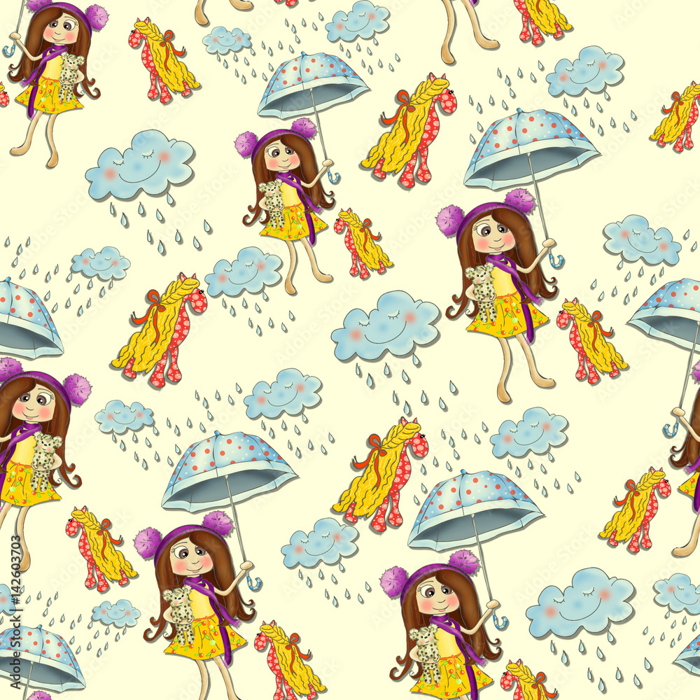 Naklejka premium Seamless vintage pattern with a picture-girl with an umbrella, rain, cloud, toy horse. Cheerful children's background.