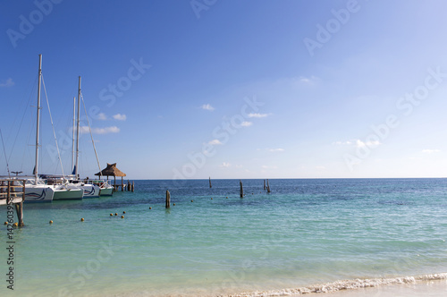 The Caribbean sea shore at the docks. Harbor full of boats.