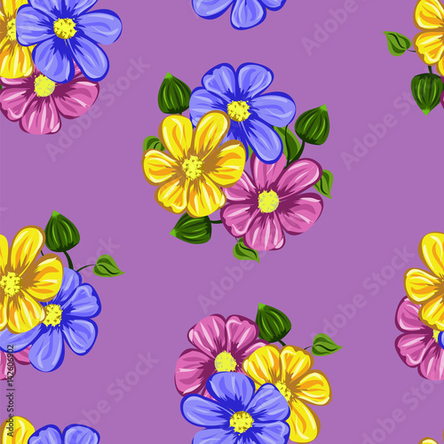 Seamless vector background with cute floral pattern. Design for cloth  wallpaper  gift wrapping. Print for silk  calico and other projects.Colorful flowers on lilac background.