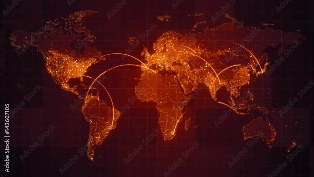 Connection Red World Map Loop.  This animated World map with visual effects and flying glowing connections in different places on the map.