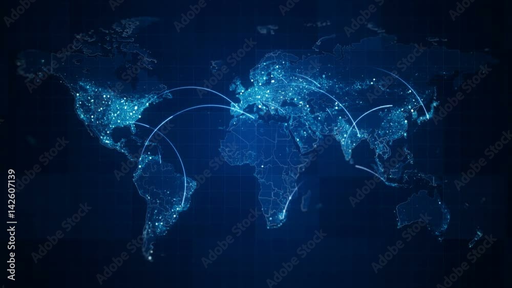 Connection Blue World Map Loop.  This animated World map with visual effects and flying glowing connections in different places on the map.