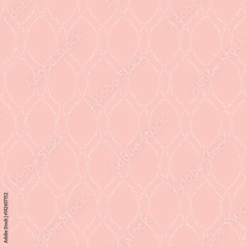 Seamless pink ornament. Modern geometric pattern with repeating white dotted wavy lines