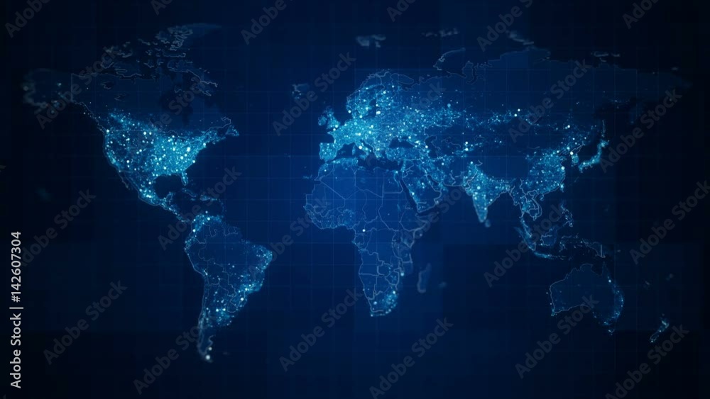 Global Blue World Map Loop. This animated World map with visual effects and glowing connections in different places on the map.