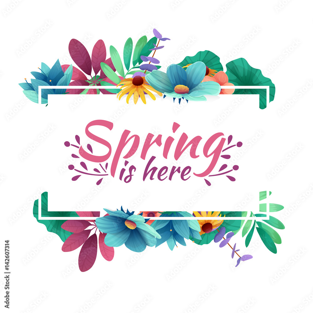 Obraz premium Design banner with spring is here logo. Card for spring season with white frame and herb. Promotion offer with spring plants, leaves and flowers decoration. Vector