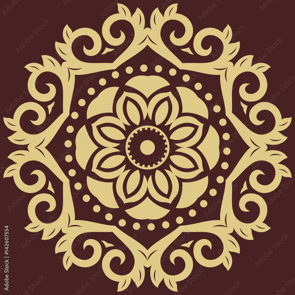 Elegant round golden ornament in the style of barogue. Abstract traditional pattern with oriental elements