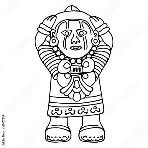 Indian shaman makes a ritual and lifting his hands up. Vector image.