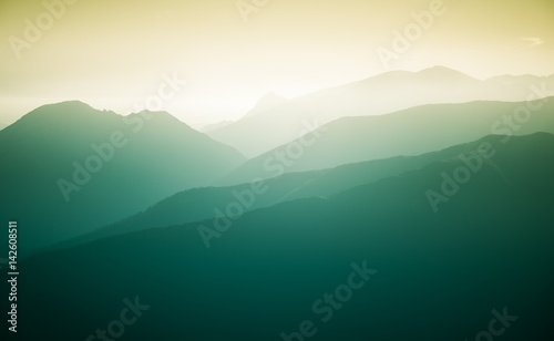 A beautiful, colorful, abstract mountain landscape with a hot summer haze in warm green tonality. Decorative, artistic look. © dachux21
