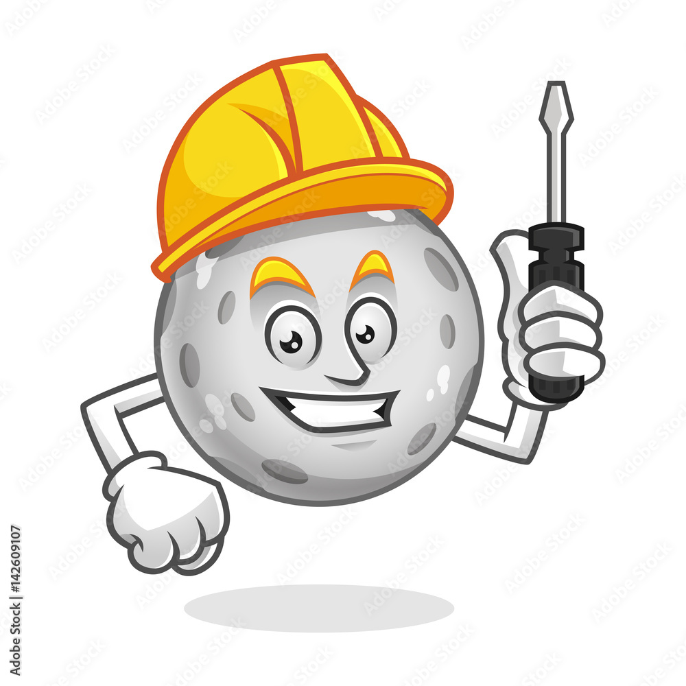 Obraz premium Worker moon mascot wearing hard hat and holding screwdriver, moon character, moon cartoon vector